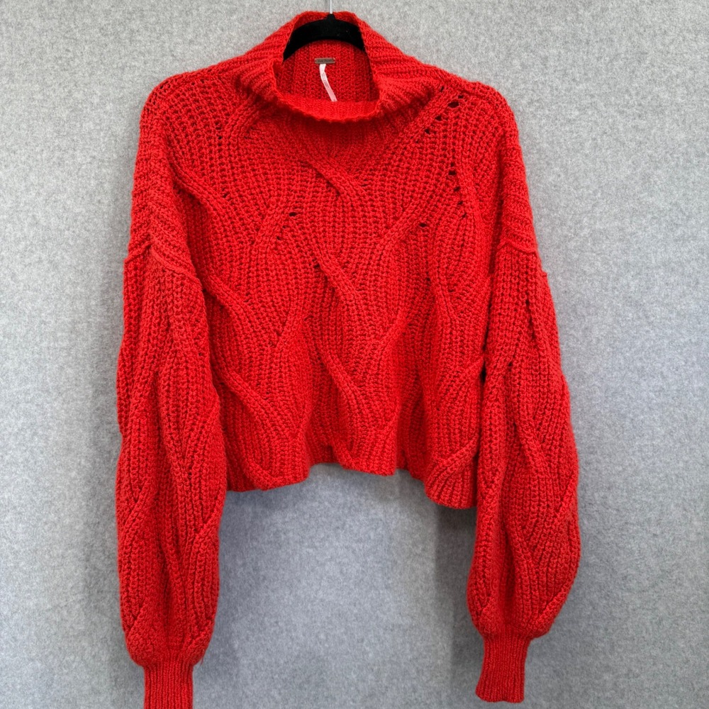 Free People Seasons Change Chunky Knit Sweater Women S Mock Neck‎ Cropped Orange - Picture 2 of 9